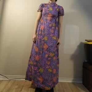 VINTAGE HANDMADE Prairie Cottagecore 70s Short Sleeve Maxi Dress - Size XS/S
